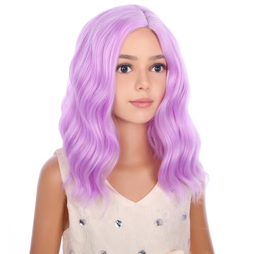 Image of PATTNIUM Kids Short Purple Pink Wig Girls Lavender Purple Curly Wavy Wig Short Synthetic Hair Wigs