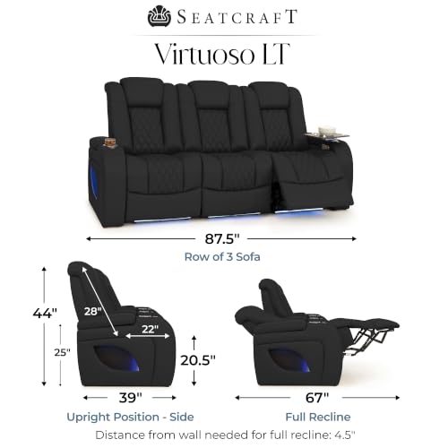 Image of Seatcraft Virtuoso LT Black Italian Leather Home Theater Seating, Zero Gravity Power Recliner, Powered Headrest and Lumbar Gaming and Home Office Chair, Heat and Massage Lounge Sofa, Row of 3 Sofa