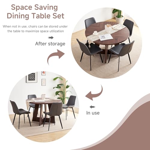 Image of 47 inch Round Dining Table Set for 4, Kitchen Table and Chairs | Wooden Cross Base, Synthetic Leather Chair, for Apartment