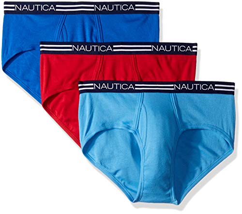 Nautica mens Comfort Cotton Underwear Fly Front - Multi Pack Briefs, Sea Cobalt/Aero Blue/Nautica Red, Small US