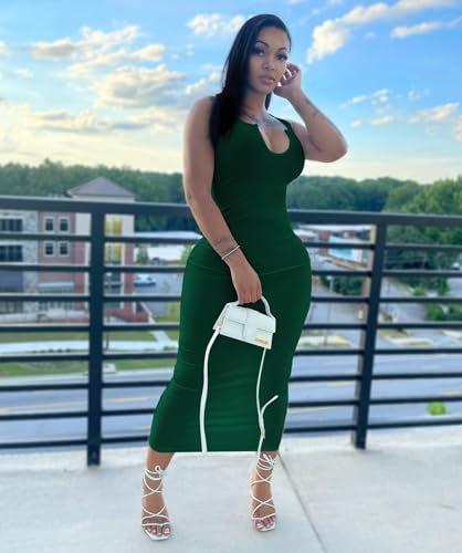 Image of Nimsruc Women Casual Sexy Deep U Neck Tank Top Bodycon Dress Summer Sleeveless Wrap Long Basic Party Club Maxi Dresses