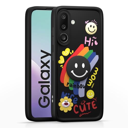 Image of Pikkme Back Cover for Samsung Galaxy M56 5G | Soft Silicone| Cute Rainbow Smile & 3D Cartoon Flower Design | Shockproof Raised Camera Protection Bumper Case (Black)