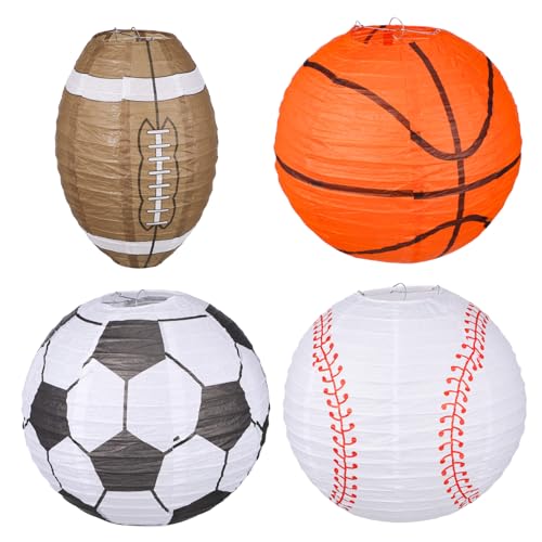 LALAFINA 4pcs Sports Themed Lantern Basketball Football Rugby Baseball Paper Lanterns for Party Decorations Easy to Lightweight