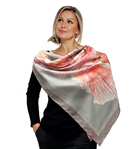 Designer Square Silk Scarf for Women Hand Painted and Printed Grey Shawl with Pink Rose Unique by EdGalArt