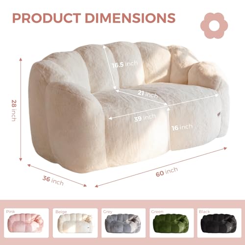Image of MAXYOYO Bean Bag Chair for Adults, Loveseat Floral Shaped Bean Bag Sofa, Ultra Soft Love Seat Mini Sofa Couch, Faux Fur Reading Chair for Living Room Bedroom, Beige