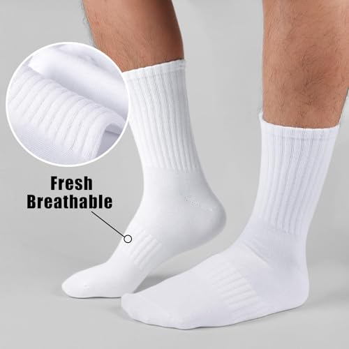 MUQU Mens White Crew Socks - Sports Thin Athletic Breathable Running Long Socks 6 Pairs3