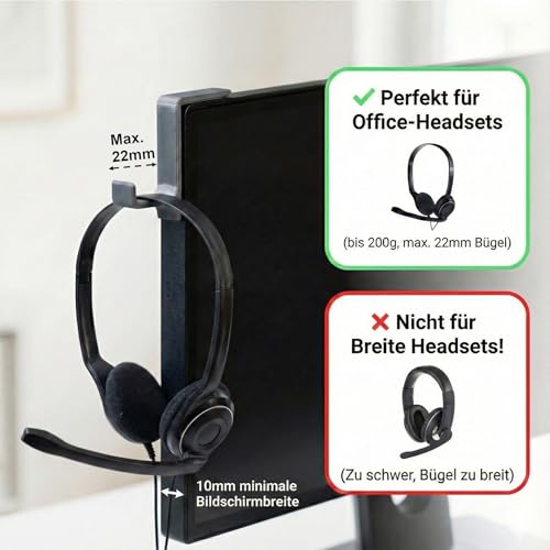 STEKIS Headset Halterung für Monitor & Bildschirm – 4er Set Kopfhörer Haken (Small) – für schmale Headsets – Dunkelgrau – inkl. Reinigungstuch