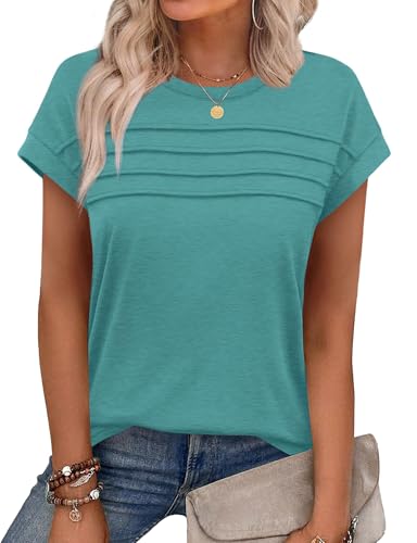 Chicrise T-Shirt Femme Plissé Décontracté Basique Couleur Uni Top Manches Chauve-Souris Col Rond Mode Lâche Haut Manches Courtes Vert Turquoise Tres Grand...