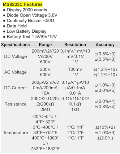 Multimètre numérique MS8233C avec écran rétroéclairé test de diode continuité et température - 7