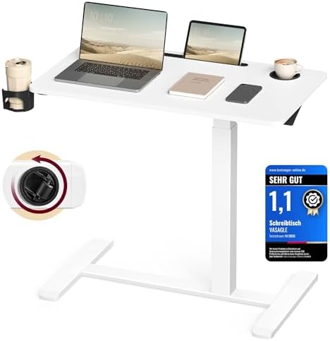 VASAGLE Beistelltisch mit Rollen, mobiler Stehtisch, 80 x 45 cm | große Tischplatte, verstellbare Höhe, 2 Getränkehalter, Schlitz für Handy oder Tablet, Wolkenweiß LSD601W01