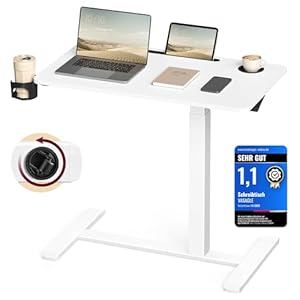 VASAGLE Beistelltisch mit Rollen, mobiler Stehtisch, 80 x 45 cm große Tischplatte, verstellbare Höhe, 2 Getränkehalter, Schlitz für Handy oder Tablet, wolkenweiß LSD601W01