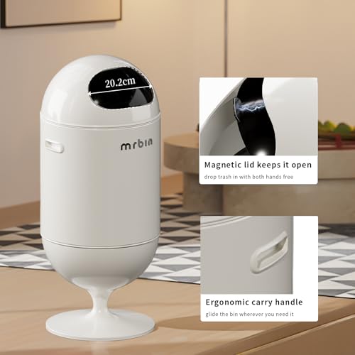 Image of MRBIN Metal Trash Can with Lid, 5.3 Gallons / 20L Medium Decorative Waste Basket, Round Tall Garbage with High Leg for Bathroom, Office, Bedroom, Kitchen, Cream White