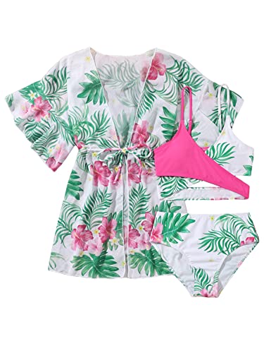 Wdirara Toddler Girl's 3 Piece Set Tropical Print Swimwear Criss Cross Colorblock Bikini Swimsuit Tropical Green 10Y #TOP27