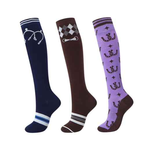 Harrison Howard 3 Pairs Premium Quality Equestrian Riding Socks for Horse Riding &Tall Boot Knee High Socks for Women Horse Hardware/Coffee Diamond Grid/Purple Horseshoe Print One size