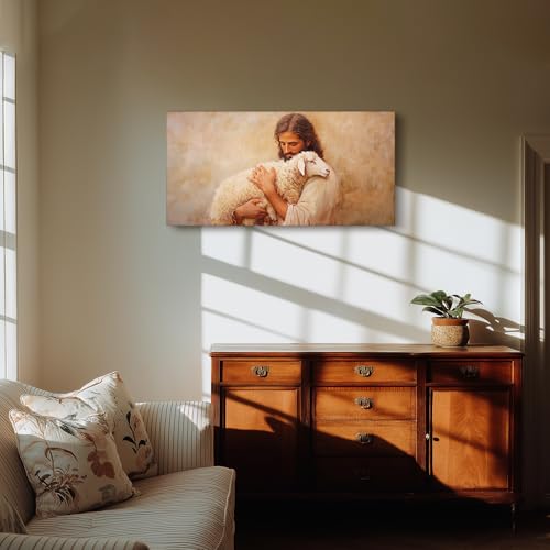 SERIMINO Jesus and Lamb Large Wall Art, Christian Art Wall Decor for Serenity Prayer, Bible Parable of the Lost Sheep Religious Art Prints, The Good Shepherd Pictures for Living Room Bedroom 20"X40"