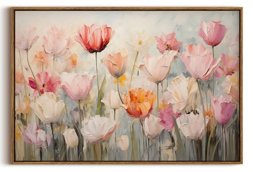 Image of KISSFOX Vintage Framed Wall Art Decor Rustic Blush Tulips Flowers Pictures Wall Decor Colorful Botanical Canvas Art Prints Farmhouse Still Life Paintings Artwork For Bedroom Kitchen Living Room