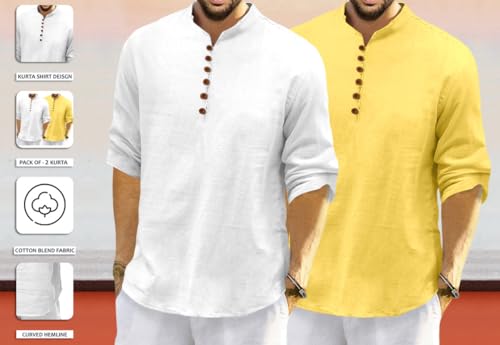 Image of ROYALSCOUT Men's Cotton Polyester Blend Solid Regular Fit Full Sleeve Short Kurta | Ethnic, Lightweight Summer Kurta for Daily & Occasion Use
