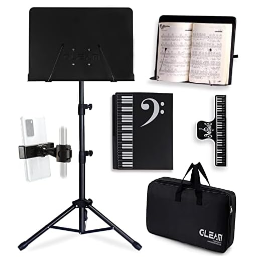 GLEAM Sheet Music Stand - Full Metal with Carrying Bag, Phone Holder, Sheet Music Folder and Clip, 5 in 1 Desktop Book Stand