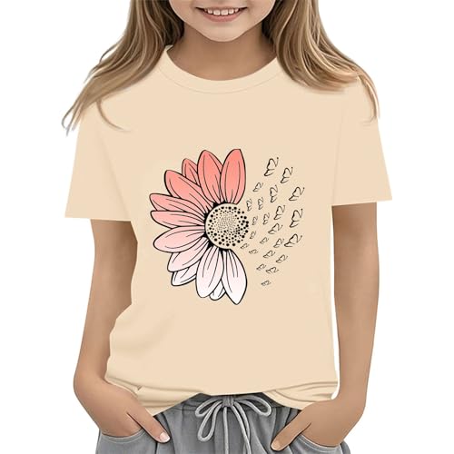 Girls Loose Fit Sunflower Graphic T Shirts Short Sleeve Crewneck Cute Pattern Printed Tops Kids (B-Beige, 2-3 Years)