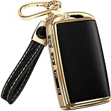 Lucrum for Mazda CX5 Key Fob Cover and Leather Keychain - TPU Key Case for Mazda 3, 6, CX-5, CX-9, CX-30, CX-50, CX-70-2019-2024 Keyfob Cover Compatible with WAZSKE11D0 - Black and Gold