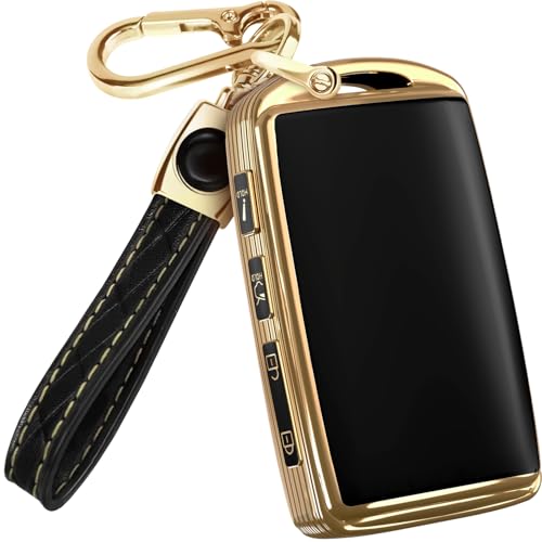 Lucrum for Mazda CX5 Key Fob Cover and Leather Keychain - TPU Key Case for Mazda 3, 6, CX-5, CX-9, CX-30, CX-50, CX-70-2019-2024 Keyfob Cover Compatible with WAZSKE11D0 - Black and Gold