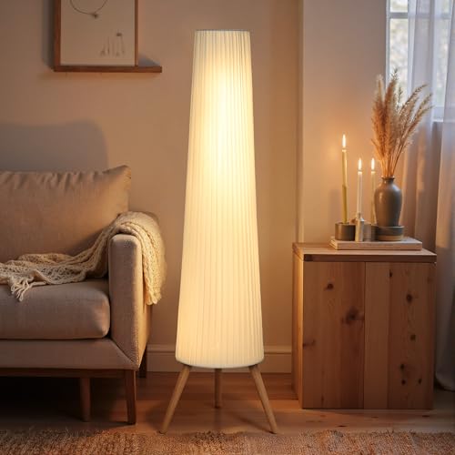 HOMCOM Lámpara de Pie con Trípode, Brillo Ajustable 3 Niveles, Lámpara Salón Nórdica con Interruptor de Pie, Patas de Madera y Pantalla de Tela, para Dormitorio, Oficina, Decoración, Blanco
