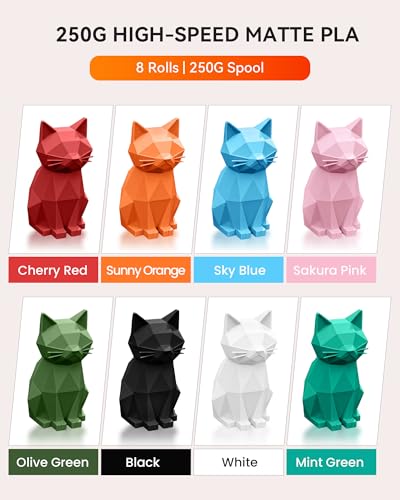 Image of TECBEARS High Speed PLA 3D Printer Filament Bundle, Matte PLA Filament 1.75mm for High Speed 50-600mm /s, 8 Pack,250g Spool, Black+White+Blue+Orange+Pink+Red+Green+Olive Green