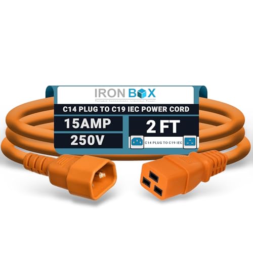 Image of IronBox Electric - Heavy-Duty C14 to C19 Power Cord, 15A, 250V, 14 /3 SJT - IEC60320 PC Cable for Computer Extensions, Monitor, PSU - C14 Male to C19 Female Connector Power Cable - (Orange 2 Foot)