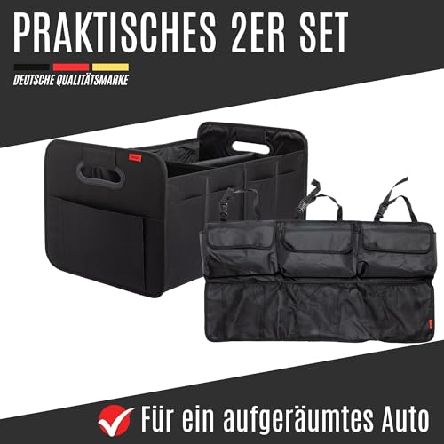 NoGuZ - 2er Set Premium Kofferraumtasche inkl. Organizer (verstärkte Ausführung) - Auto Faltbox 35 Liter & Kofferraum-Tasche für Rückbank mit viel Stauraum - Autotasche faltbar als Aufbewahrungsbox