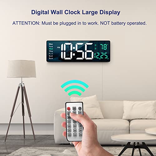 Digital Wall Clock Large Display, 16" Large Wall Clocks With Remote Control For Living Room Gym Shop Warehouse Office Garage Decor, Auto Brightness Dimmer Reloj De Pared With Date Week Temp (Green) #TOP1