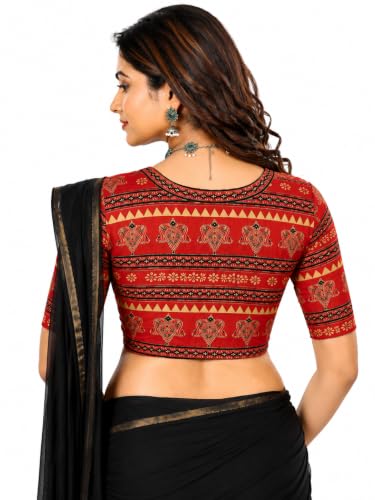 Image of Mogsa Women's Kalamkari Print Cotton Stretchable V-Neck Readymade Saree Blouse | Soft Cotton Blend | Stretch Fabric | Ready-to-Wear