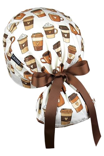 Image of Scrub Cap for Women and Men, Ponytail Scrub Caps, Working Hat, Head Cover with Ribbon Ties and Buttons, Long Hair
