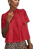 calbatic Women Lace Trim Blouse Mesh See Through Puff Short Sleeve Ruffle Pleated Shirts Mock Neck Summer Babydoll Tops Red