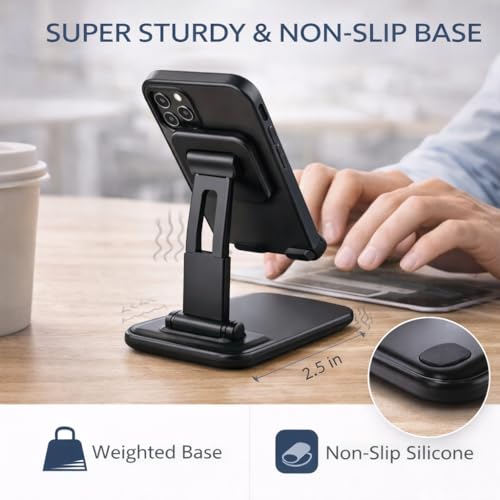Image of Mizi Portable Cell Phone Stand for Desk - Height & Angle Adjustable Mobile Foldable Holder, Compatible with iPhone 17 16 15 14 13 12 11 Pro Max, Galaxy S25 S24, All 4-10 inch Devices - Black