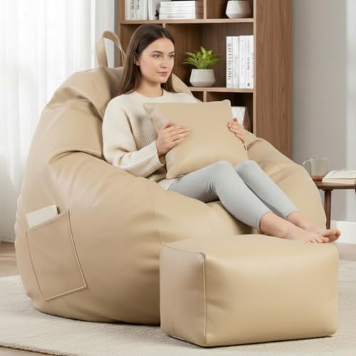 Image of KAM'S LIEU 5XL Luxury Faux Leather Bean Bag with Footrest & Cushion | Pre-Filled High-Density Polystyrene Beans | Premium Leatherette | 6 Months Warranty Color- (Cream, with Footrest)