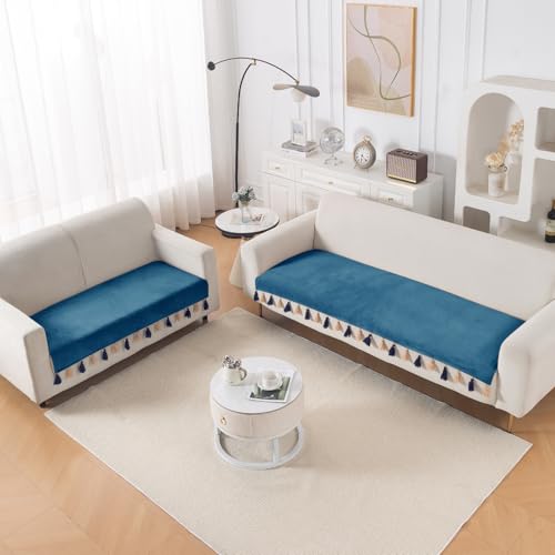 Image of HOKIPO 5 Seater Sofa Cover Mat with Tassel in 3+2 Configuration | Dyed Holland Velvet Fabric | 'TasselTone Series' | Sea Blue (IN-1108+1106-BL)
