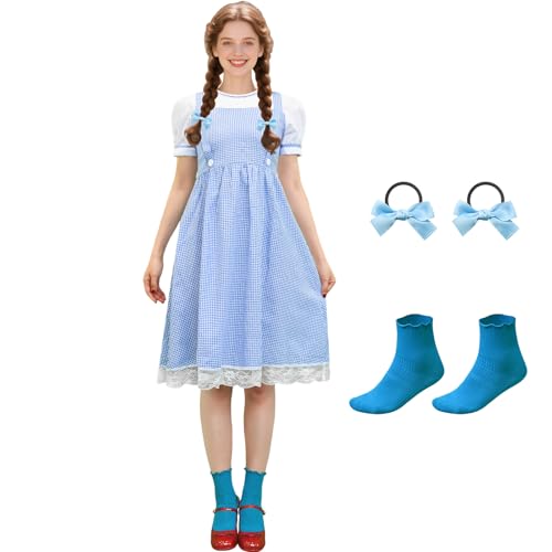 Prebene Womens Blue White Gingham Dress for Adult Dorothy Cosplay Costume Character | Halloween Party Outfits (XL)