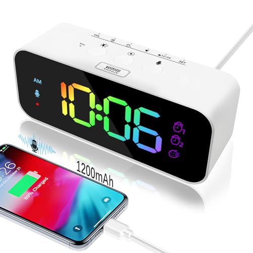 Suewidfay Recording Digital Alarm Clock with LED Display, Clock Bedside 4000mAh Battery Powered, 4 Levels Adjustable Brightness, Snooze, USB Charger For Bedroom/Travel(White)