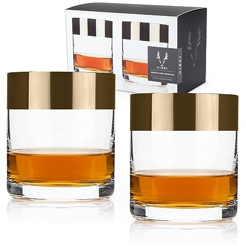 Viski Irving Bronze Rim Crystal Lowball Tumblers Set of 2 - Premium Crystal Clear Cocktail Glass Bronze Rimmed Glassware, Stylish Lowball Whiskey Glass Gift Set, 8 oz Cover