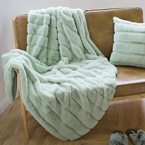 Cozy Bliss Luxury Super Soft Striped Faux Fur Throw Blanket For Couch, Size, 60"X80" Green, Extra Soft, Fluffy, Warm, Anti-Static, Plush Blanket For Sofa Bed Living Room Bedroom Car (Stripe-Green) #TOP6