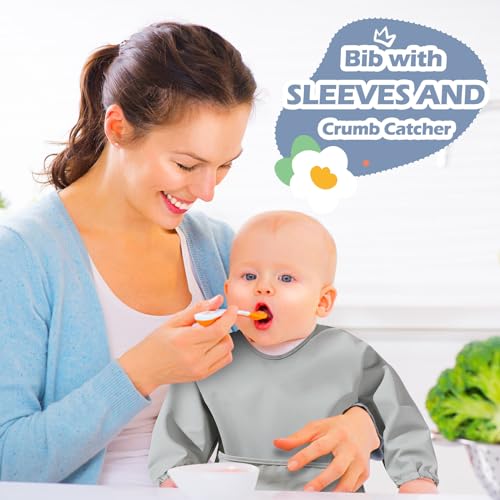 JaGely 4 Pack Long Sleeve Bibs Baby Smock Waterproof Sleeved Bids with Food Catcher for Baby Eating Feeding Ages 6-36 Months4