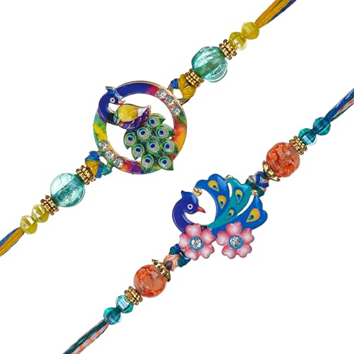 Image of eCraftIndia Multicolor Beautiful Peacock Designer Rakhi Set of 2 | Rakhi for Brother Bhaiya Bhai with Best Bro Ever Fridge Magnet | Roli Chawal Pack