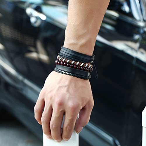 Fldc 8Pcs Black Braided Leather Wrap Bracelet For Men Women Cuff Bracelet Set Wood Bead Hemp Cord Woven Bracelet Wooden Beaded Multi Layer Wrist Bracelets Wristbands Adjustable A #TOP3