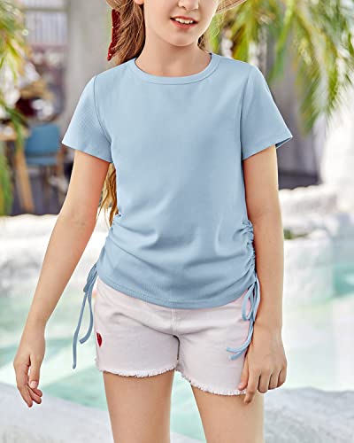 Image of Imily Bela Girls Tees Shirts Cute Crew Neck Short Sleeve Side Drawstring Solid Tops Kids Children Summer Clothes