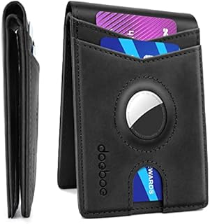 doeboe AirTag Wallet Case Genuine Leather, Credit Card Bifold Wallet for Apple Air Tag GPS, RFID Blocking Slim Wallet, Black, Vintage