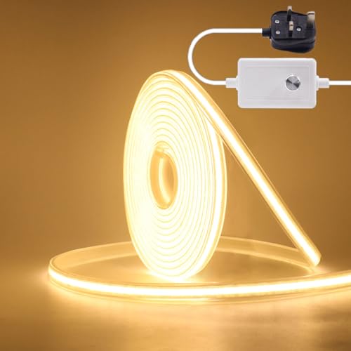 KAFULA 220V Dimmable COB LED Light Strip Self-Adhesive [5m, Warm White 3000-3500K], IP68 Waterproof Flexible, 320 LEDs/m FCOB LED Fairy Light CRI90+, Cuttable Every 50cm, Home Decor