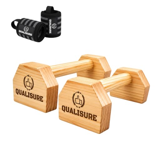 Pushup Board for Men, Durable Pine Wood Calisthenics Equipment, Anti-Skid Push Up Bar for Home, Parallettes for Calisthenics, Dips Bar with Wrist Wraps