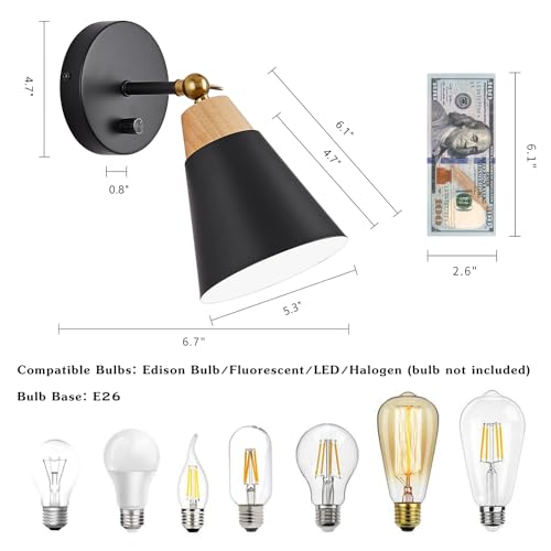 Image of Wall Sconce Set of 2, Wall Sconce Lighting Fixture with Metal Shade, Rotary Switch, Indoor Decor Wall Mount Swing Arm Lamp for Bedroom,Hallway,Living Room,Reading, Black