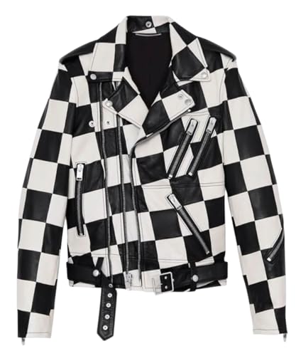 Men's Biker Rider Motorcycle Motorbike Retro Genuine Cowhide Checkerbord Leather jacket By Reclaimed Vintage