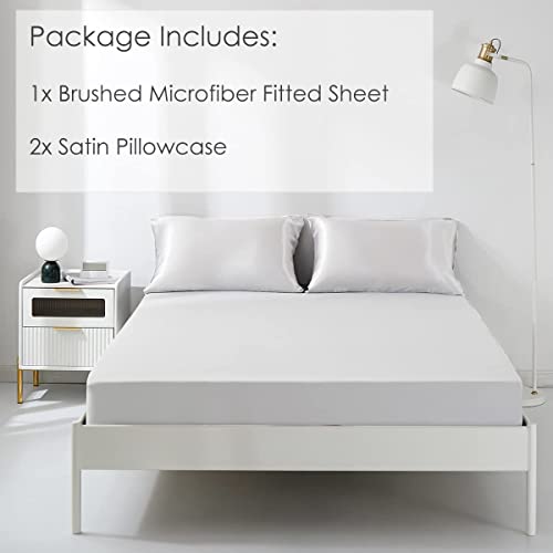 Hcora White Queen Fitted Sheet With Satin Pillowcases, Luxury Soft 1800 Thread Count Brushed Microfiber Fitted Sheet Deep Pocket Up To 16Inch, Wrinkle And Fade Resistant(White, Queen) #TOP6